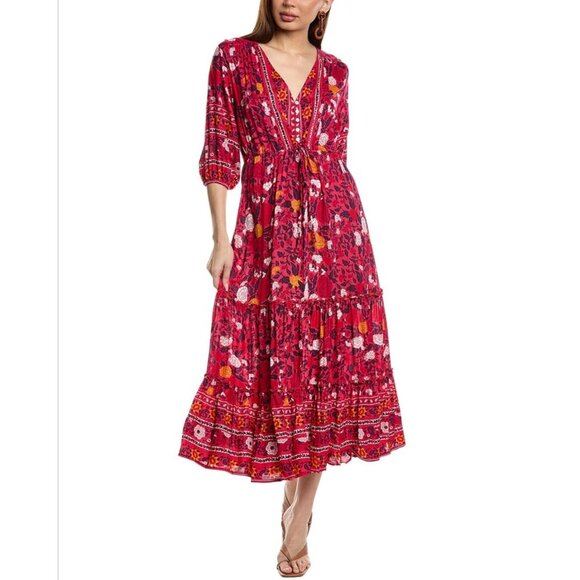 Walker & Wade Carrie Midi Dress Drawstring Waist Cherry Floral Pink Orange Med - Picture 3 of 13